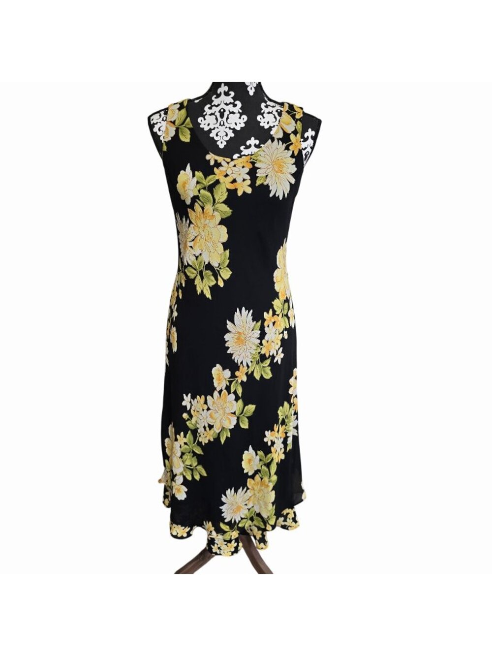 Studio I Size 6 Floral Midi Dress Black & Yellow Sleeveless